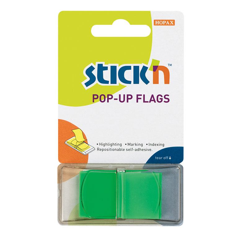 Green Neon Stick'n Pop Up Flags, 45x25mm, perfect for annotating documents without damage or residue, in a pack of 50 sheets.