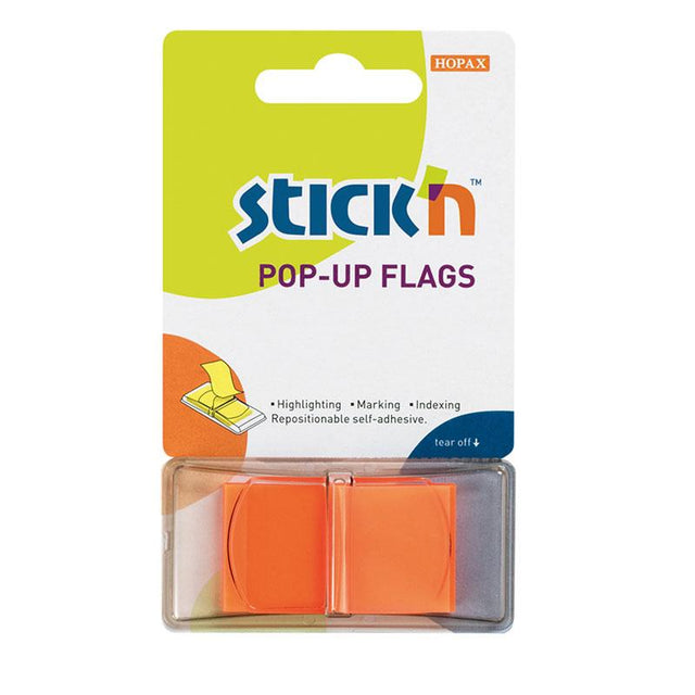 Vibrant orange neon sticky flags measuring 45x25mm, ideal for organizing documents without hiding original text.