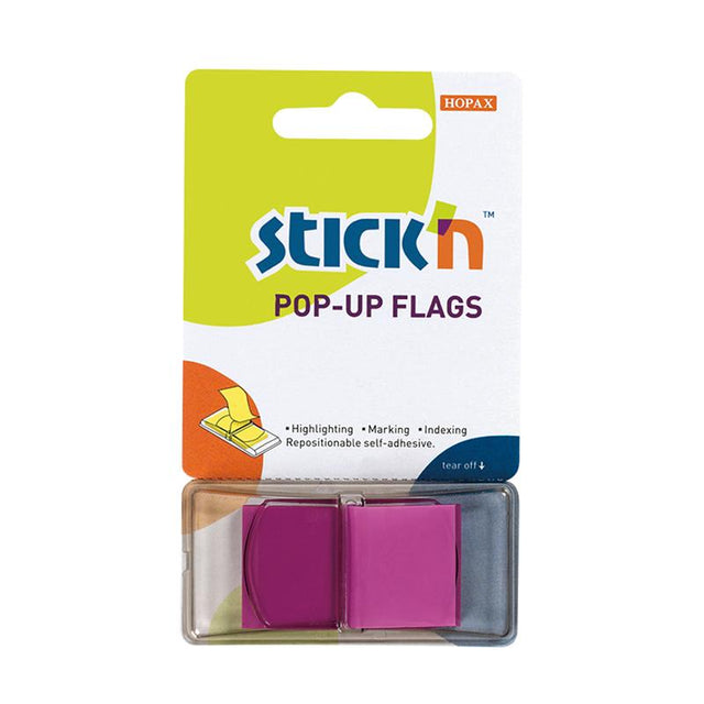 Vibrant purple neon sticky flags, 45x25mm, for marking documents, easy to lift, removable without residue.