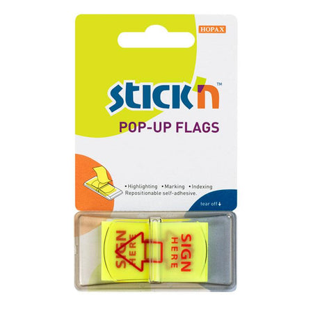 Bright yellow Stick’n Pop Up Flags, 45x25mm, perfect for marking important documents with clear 'Sign Here' prompts.