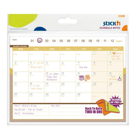 Dual-sided Stick'n Schedule D/S Notes pad, 150x203mm, with 40 sheets for monthly and weekly planning, featuring repositionable adhesive.