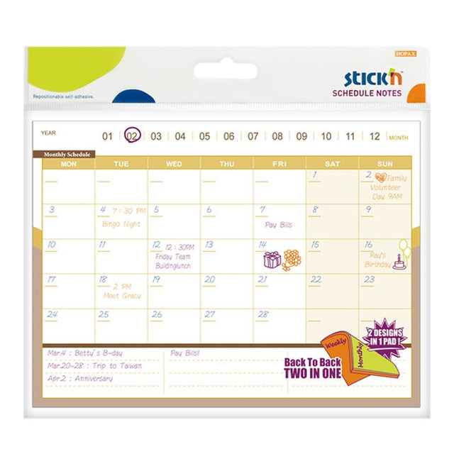 Dual-sided Stick'n Schedule D/S Notes pad, 150x203mm, with 40 sheets for monthly and weekly planning, featuring repositionable adhesive.