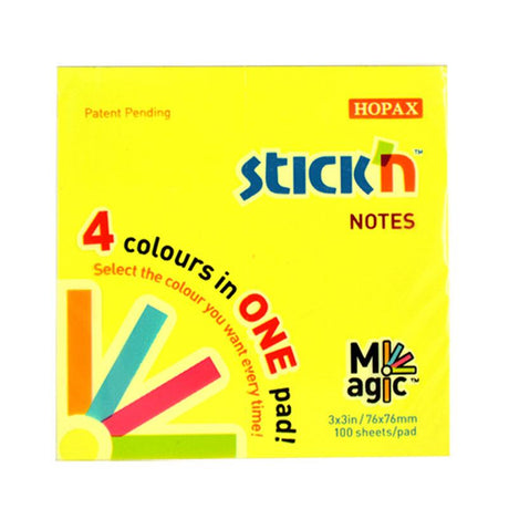 Colorful Stick'n Notes Magic Pad in neon colors, 76x76mm, with 100 sheets for organizing notes and reminders.