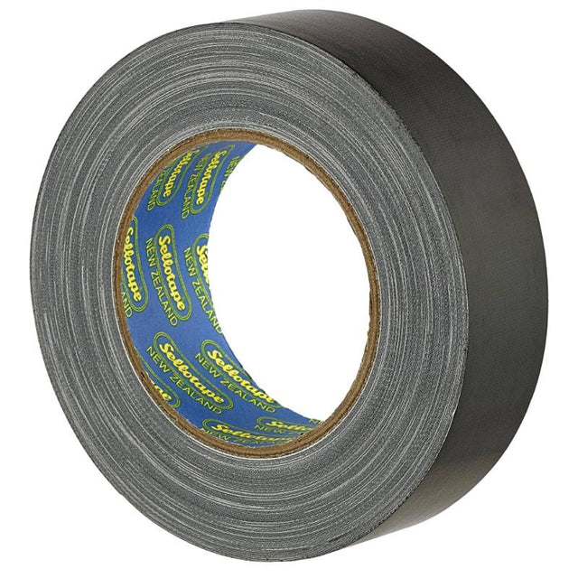 Black 36mm x 30m Sellotape 4705 Cloth Tape, durable, waterproof, hand tearable, ideal for DIY and repairs.