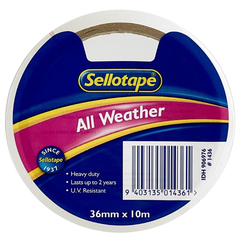 Sellotape 1436 All-Weather Tape, 36mm wide and 10m long, durable for indoor/outdoor use, resistant to moisture and UV rays.