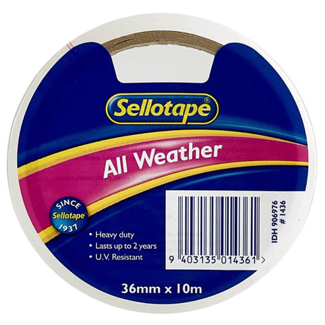 Sellotape 1436 All-Weather Tape, 36mm wide and 10m long, durable for indoor/outdoor use, resistant to moisture and UV rays.