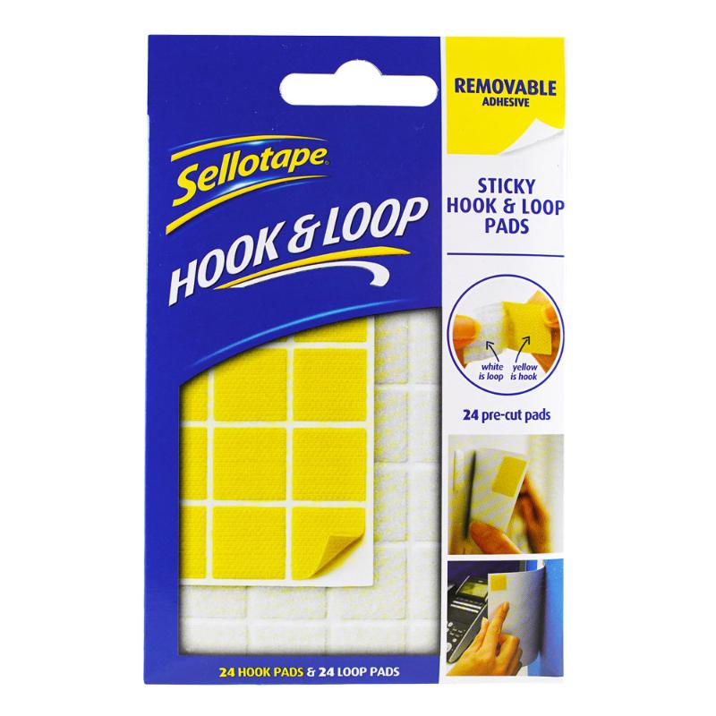 Sellotape Sticky Hook & Loop Pads, 20mm, 24 pack for easy, removable hanging of items without nails or screws.