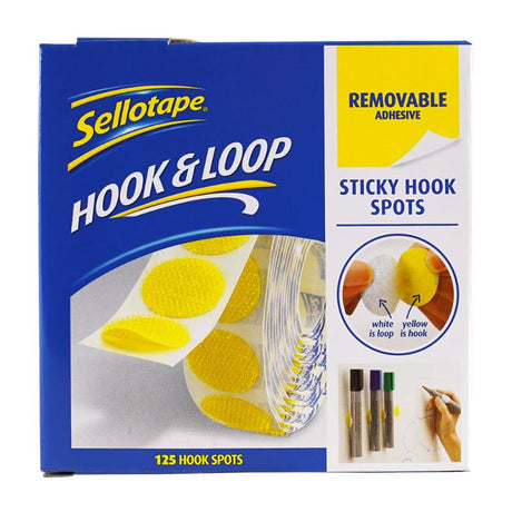 Removable 22mm sticky hook spots from Sellotape, perfect for hanging items without nails, pack of 125 for versatile DIY use.