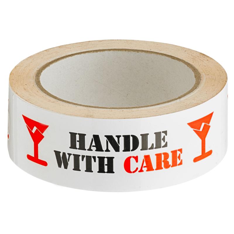 Sellotape Handle With Care tape, 36mm wide, 66m long, durable polypropylene with clear warning for fragile packaging.