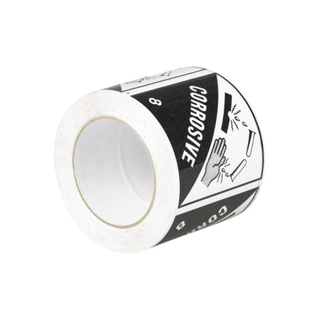 Sellotape RIP096C Corrosive Label roll, 96mm wide, features bold 'CORROSIVE' warning for safe labeling of hazardous materials.