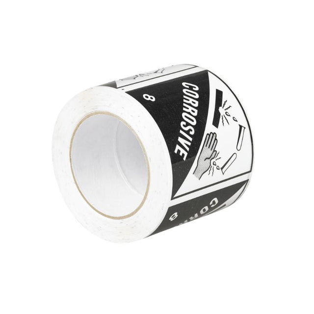 Sellotape RIP096C Corrosive Label roll, 96mm wide, features bold 'CORROSIVE' warning for safe labeling of hazardous materials.