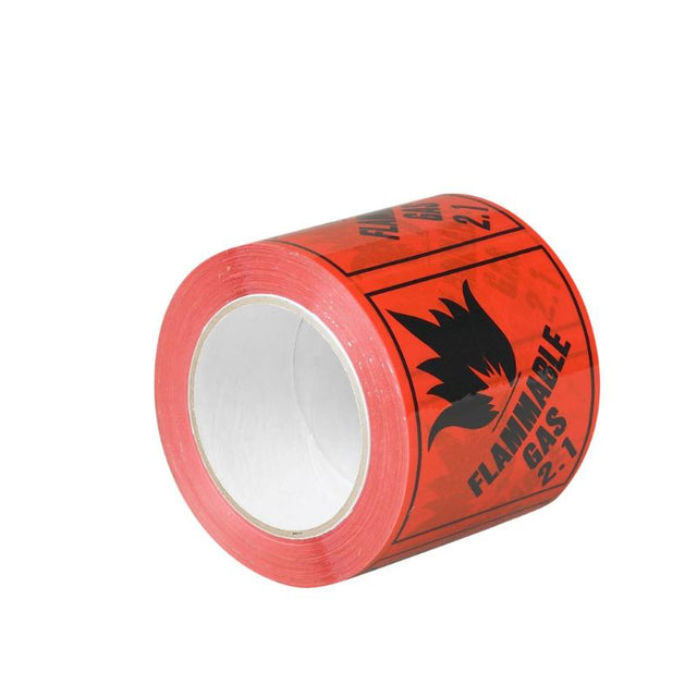 Sellotape Flame Gas Label 96mmx100m with clear 'Flammable Gas 2.1' message for safe identification of hazardous materials.