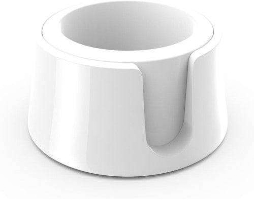 Glacier White table coaster with ergonomic design, fits mugs up to 90 mm, features handle slot and removable adapter.