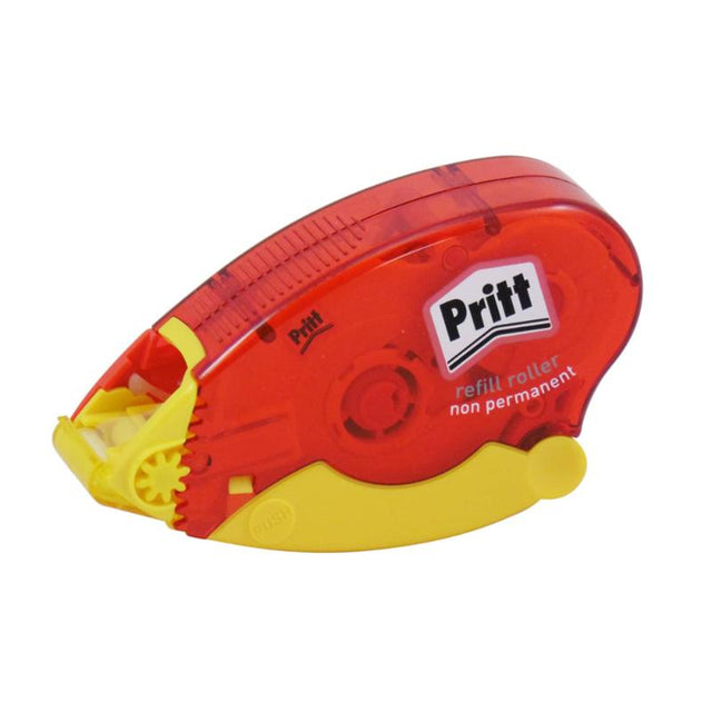 Pritt Glue Roller System Non-Permanent, 8.4mm x 16m; safe, solvent-free adhesive for crafts, refillable design for sustainability.