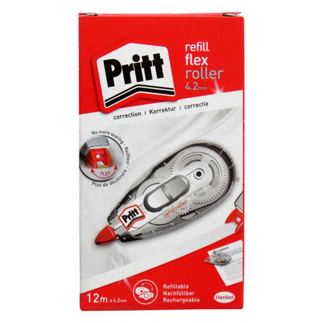 Ergonomic Pritt Refillable Correction Roller 4.2mmx12m for quick, precise erasure; smooth application and easy refills.