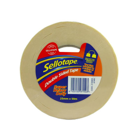 Heavy duty double sided tape, 25mm x 50m, 215-micron thickness, ideal for strong bonds on multiple surfaces.