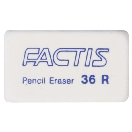 Soft white rectangular Factis Eraser 36R, crafted from synthetic rubber for precise, smudge-free pencil mark removal.