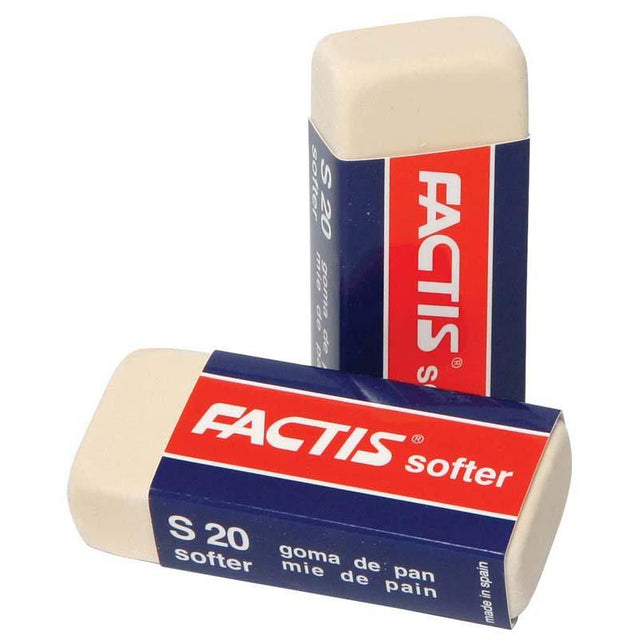 Factis Eraser S20 Soft White: high-quality synthetic rubber eraser, ergonomic rectangular shape, smudge-free precision.