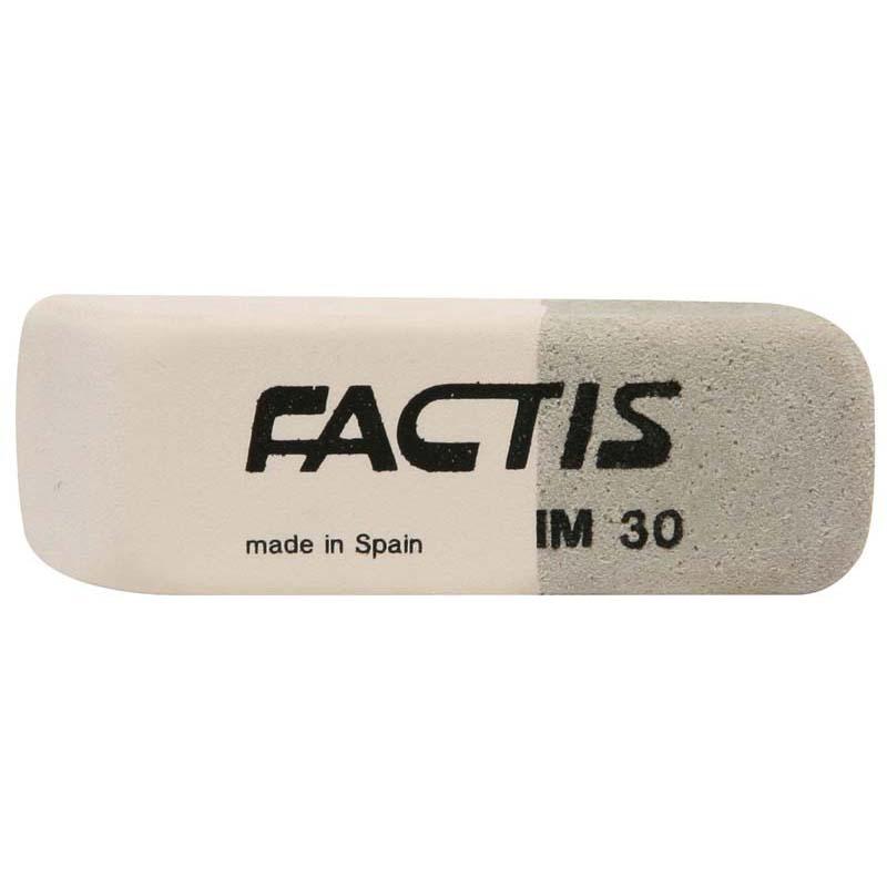 Two-tone Factis Eraser IM30 with pink side for pencils and grey side for ink, featuring a bevelled shape for precision erasing.