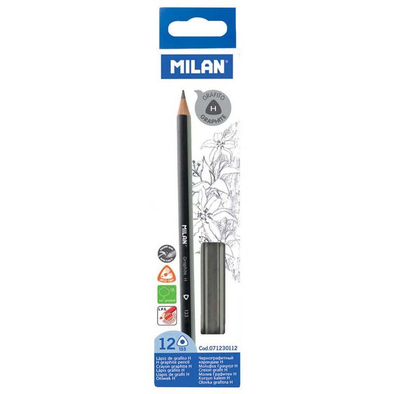 Milan Graphite Pencils H Pack of 12 with triangular shape, hard lead, smooth strokes, and breakage-resistant design.