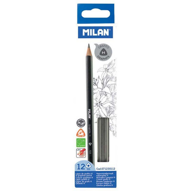 Milan Graphite Pencils H Pack of 12 with triangular shape, hard lead, smooth strokes, and breakage-resistant design.