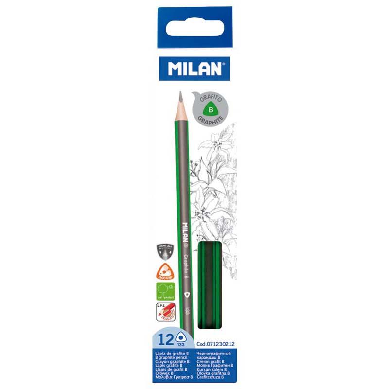 Pack of 12 Milan triangular graphite pencils with 2.4mm lead, designed for grip, durability, and eco-friendly use.