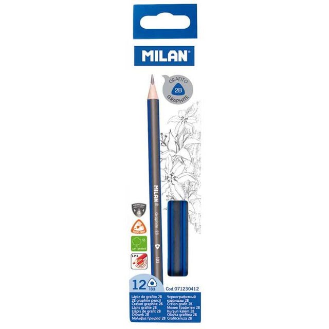 Milan 2B Graphite Pencils pack of 12 with ergonomic triangular shape, soft lead, and breakage-resistant design.