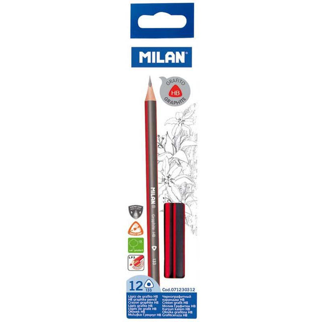 Milan Graphite Pencils HB Pack of 12, triangular shape for comfort, crisp lines, and eco-friendly wood.