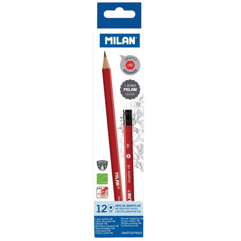 Milan HB triangular graphite pencils with erasers in a pack of 12, designed for comfort, durability, and precise writing or drawing.