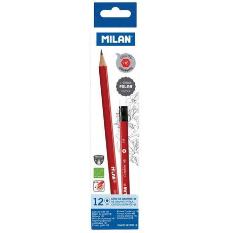 Milan HB triangular graphite pencils with erasers in a pack of 12, designed for comfort, durability, and precise writing or drawing.