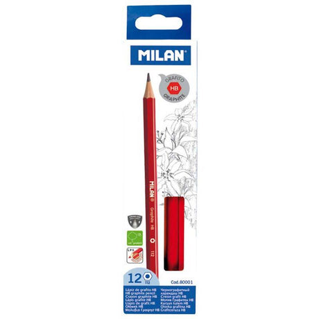 Milan Graphite Pencils HB Pack of 12, hexagonal design, break-resistant lead, perfect for drawing and writing.