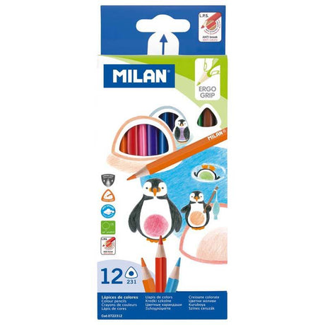 Milan Triangular Pack of 12 colored pencils in assorted vibrant hues, featuring ergonomic design and durable break-resistant leads.