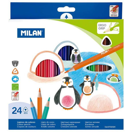 Milan Triangular Pack of 24 Coloured Pencils in assorted colors, ergonomic design for comfort and durability, perfect for artists.