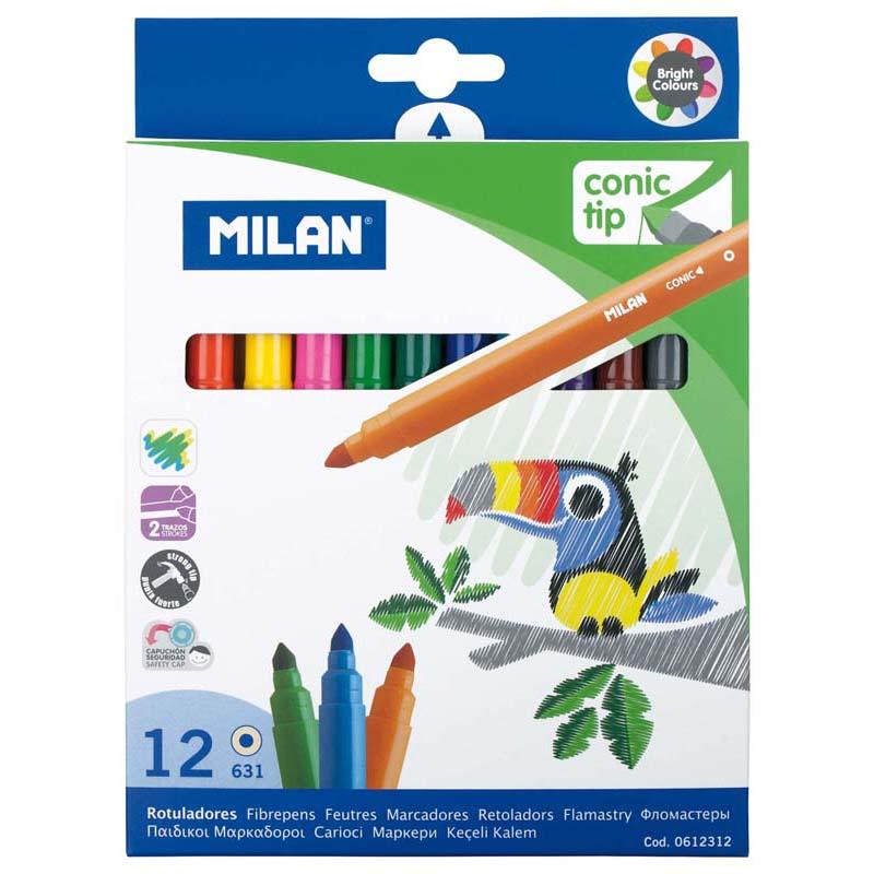 Colorful pack of 12 Milan markers with conical tips for versatile strokes, perfect for art projects and easy cleanup.