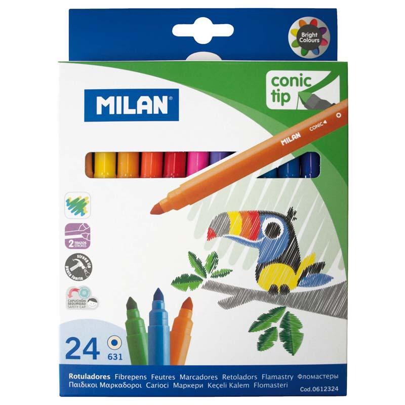 Milan Markers Conic Tip Pack with 24 assorted vibrant colors, featuring a 5 mm tip for versatile drawing and easy cleanup.