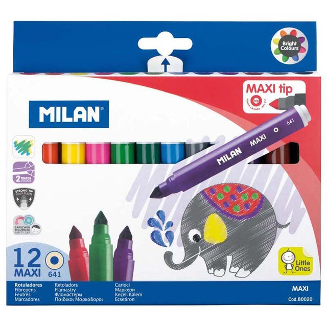 Vibrant Milan Markers set with 12 assorted colors and sturdy conical tips for versatile strokes, perfect for children's creativity.