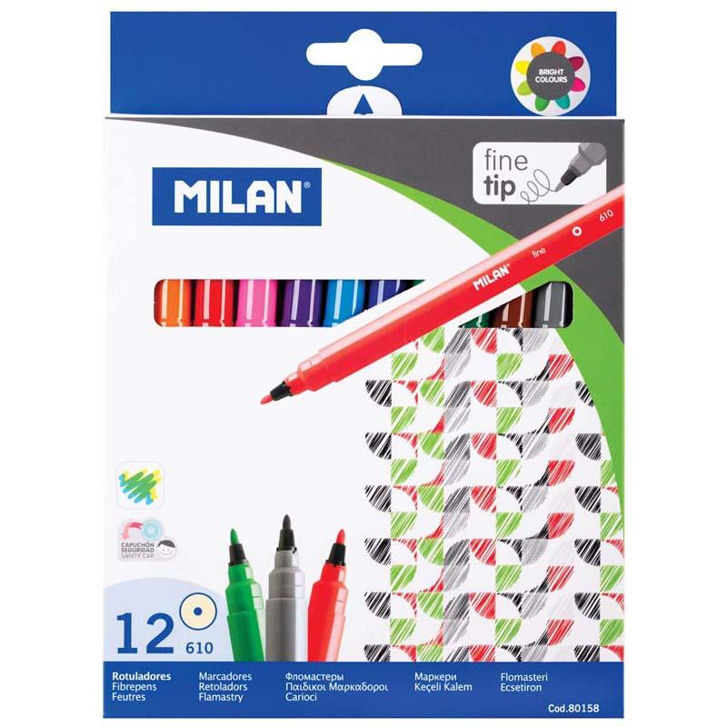 Milan Markers Fine Tip Pack featuring 12 assorted bright colors for detailed artistry, with a 2mm fine tip and easy cleanup.