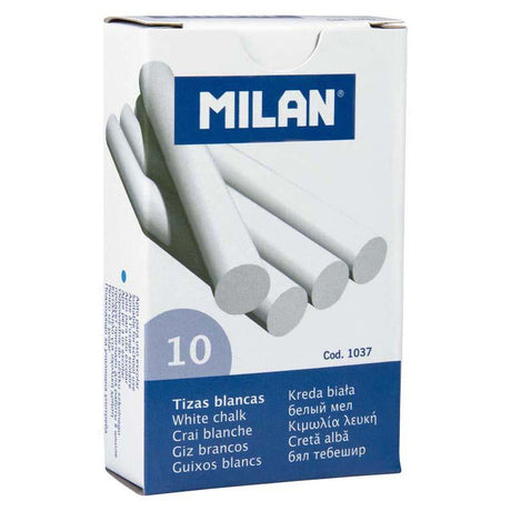 Milan Chalk White Pack 10 features 10 high-quality white chalk pieces, perfect for teaching, art, and easy erasing.