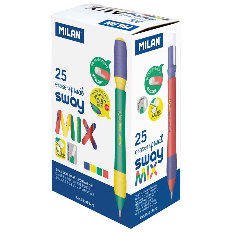 Milan Mix Range Mechanical HB Pencils with 0.5 mm lead, sleek metallic tips, and large erasers in assorted colors for precision.