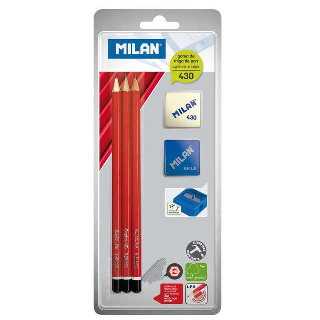 Milan Back to School Combo Pack featuring 3 HB pencils, a synthetic eraser, and a pencil sharpener for ultimate student convenience.