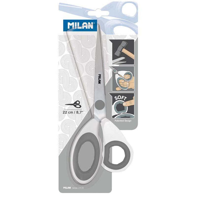 Milan Office Scissors in grey and white with a 220mm stainless steel blade and ergonomic handle for precise cutting.