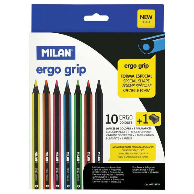 Milan Ergo Pack features 10 assorted colored pencils with ergonomic grip and a MAXI sharpener for creative comfort and ease.