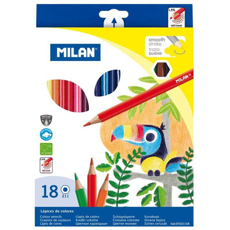 Milan Hexagonal Pack of 18 colored pencils in vibrant shades with break-resistant leads for effortless, eco-friendly creativity.