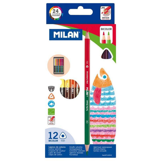 Milan Bicoloured Pencils Pack of 12, featuring ergonomic design and vibrant dual-colours for rich, durable artistry.