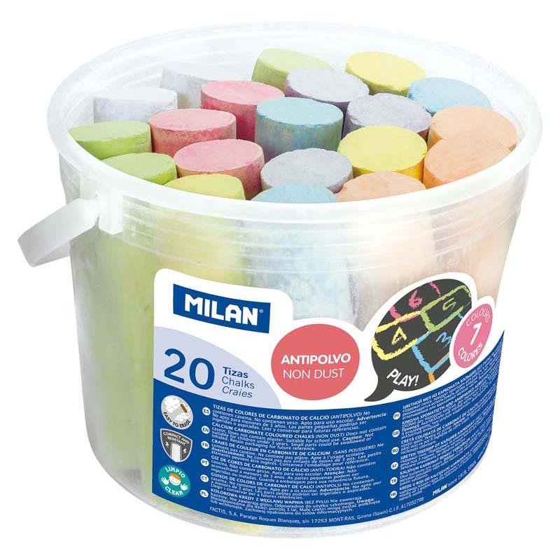 Milan Non Dust Maxi Chalk Bucket 20 with assorted chalk colors for dust-free, clean classroom and home creativity.