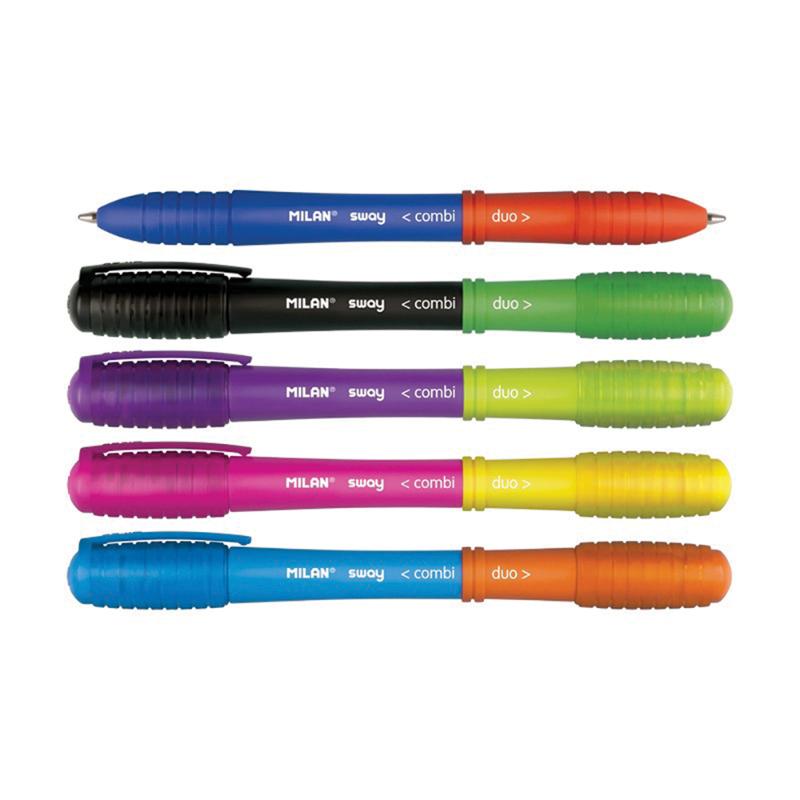 Colorful set of 5 double-ended ballpoint pens, featuring 10 interchangeable ink colors and a smooth 1 mm tip for versatile writing.