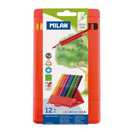 Triangular pack of 12 Milan Flexibox coloured pencils in vibrant colours, featuring durable 2.9 mm lead and ergonomic design.