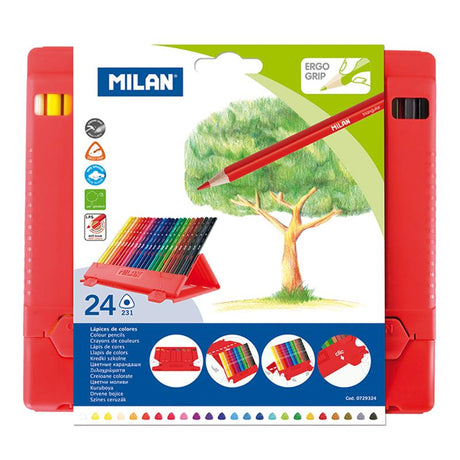 Milan Flexibox triangular colored pencils pack with 24 vibrant colors, ergonomic design, and break-resistant lead.