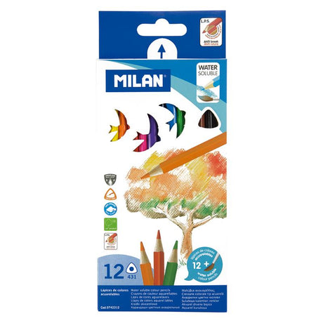 Milan Water Soluble Coloured Pencils, triangular pack of 12, ergonomic, versatile for dry/wet use, with anti-break design.