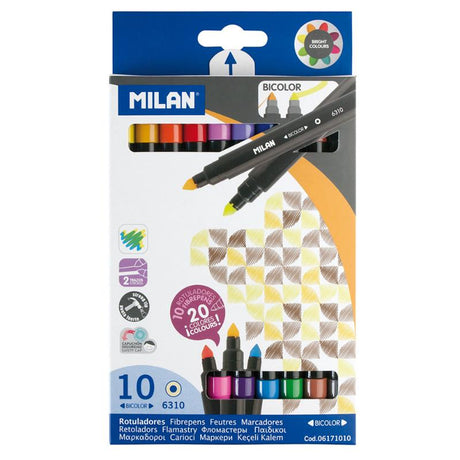 Vibrant 10-pack of Milan dual-tip markers in 20 colors, perfect for artists and crafters, featuring fine and broad tips.